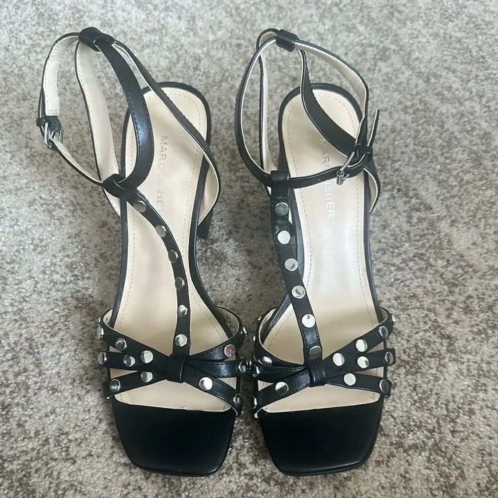 Marc Fisher Black Studded Quilon Block Heeled Sandals 9